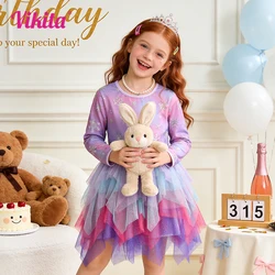 VIKITA Winter Princess Dress 2024 Long Sleeve Kids Birthday Party Prom Dress For Girls Irregular Layer Mesh Children Tutu Dress