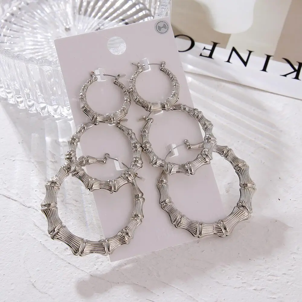 3 Pairs Gold & Silver Plated Bamboo Hoop Earrings, Chunky Circle Earring Set view 3