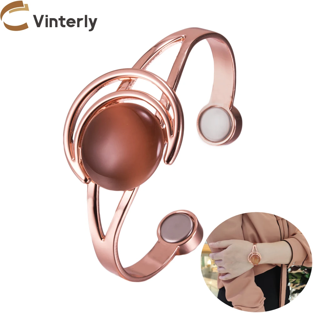 Vinterly Pure Copper Bracelet Magnetic Brown Stone Moon Sun Adjustable Health Energy High Magnets Cuff Bangles Resizable Jewelry