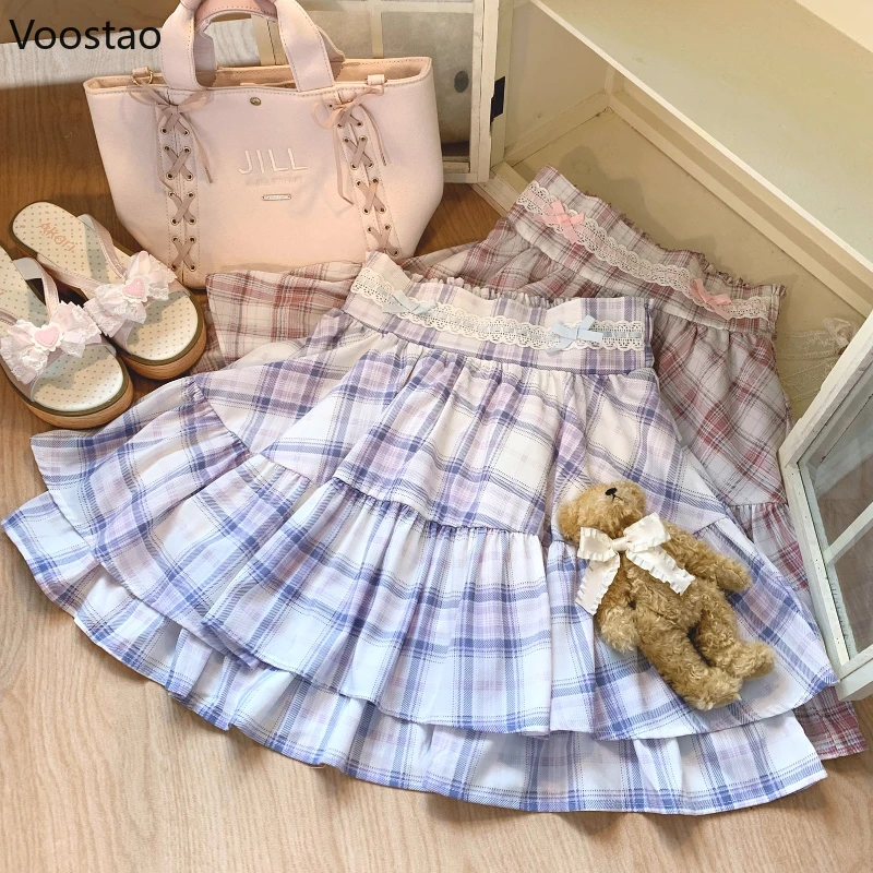 Japanse Zoete Lolita Stijl Mini Rok Vrouwen Kawaii Leuke Kant Strik Geruite Rok Vrouwelijke Zomer Mode Y2k A-lijn Taart Rok