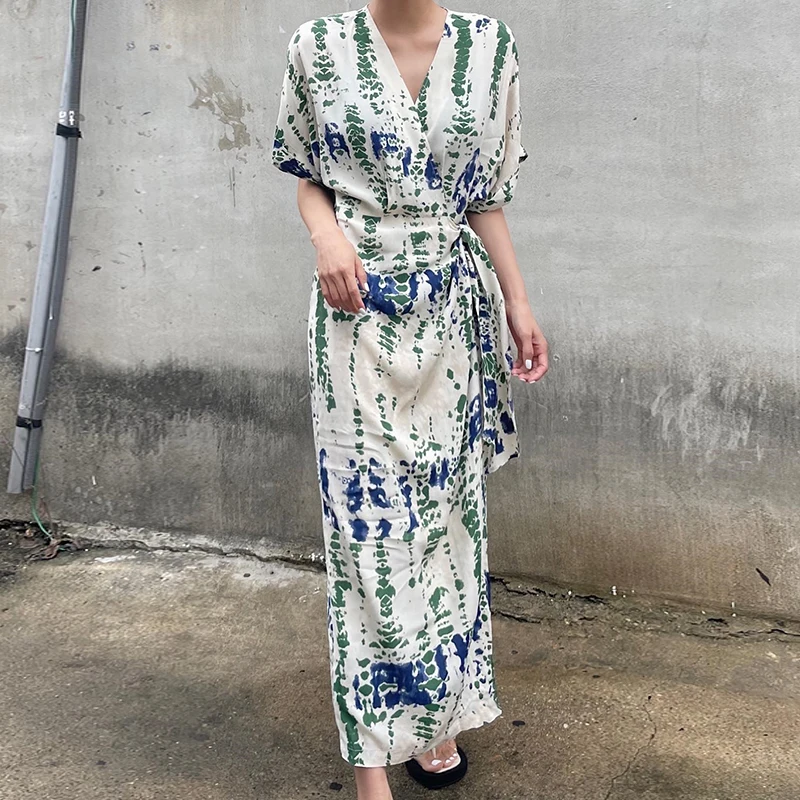 시크한 여름 빈티지 브이넥 플로럴 프린트 원피스 벨트 슬림핏 반팔 드레스 한국 스타일 하이웨이스트 롱 드레스