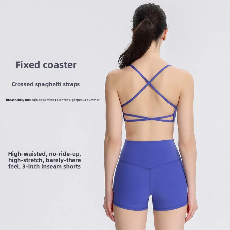 2PCS Halter Neck Yoga Top And High Waist Gym Shorts Fitness Sports Underwear Crossover Back Workout Set for Women