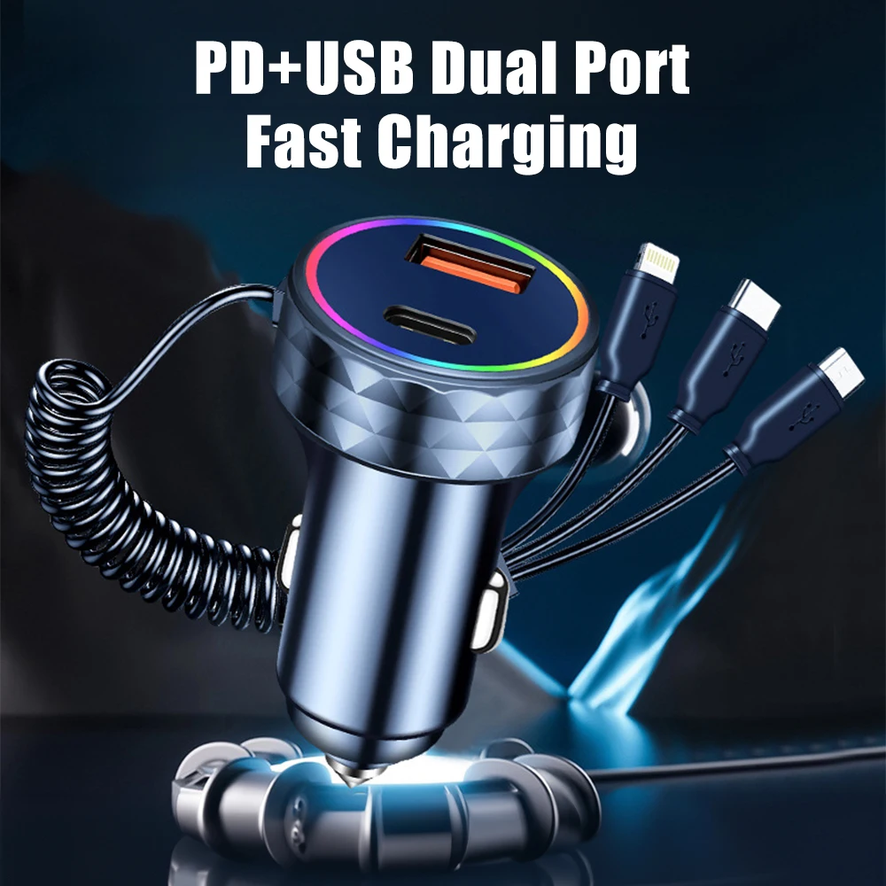 266W USB Type C Car Phone Charger  PD QC3.0 Super Fast Charge Adapter for  iPhone Huawei Xiaomi Redmi Samsung Charging Cable