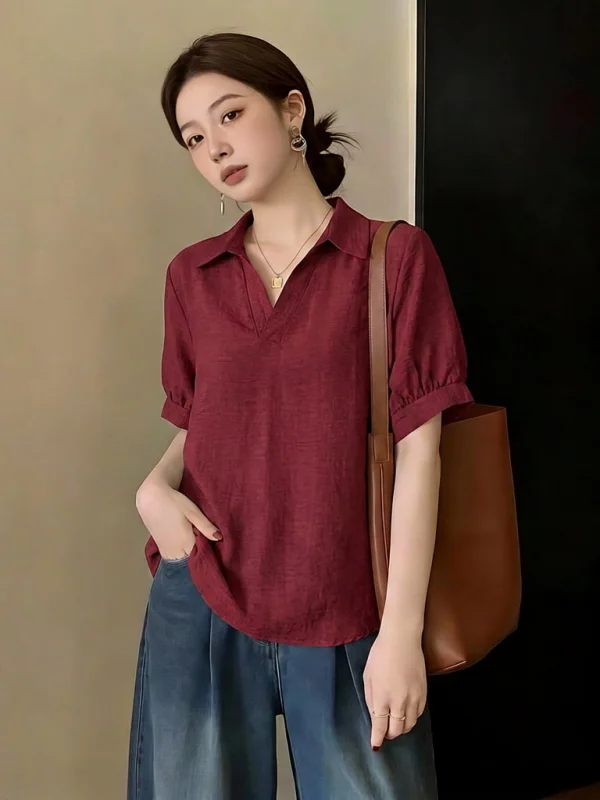 

Elegant Red V-Neck Short Sleeve Shirt Women's Fashion Summer New plus Size Slimming Top Korean Style Commute Wind Loose Fit