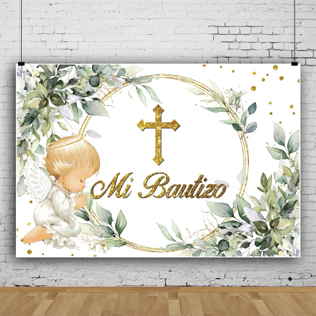 My First Communion Photo Backdrop Gold Cross Angel Baby Shower Baptism Background Mi Bautizo Party Decor Banner Studio Customize