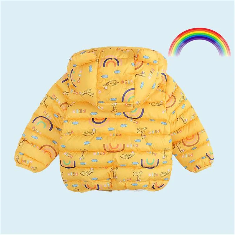 Baby Cartoon Print Down Jackets For Girls Boys Autumn Winter Warm Hooded Coats Children Clothes Infant Thin Outerwear 1-5 Years