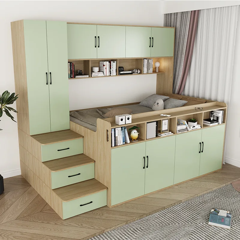 Children's bed half-height bed, desk wardrobe integrated multi-functional combination bed set, bedroom space-saving storage