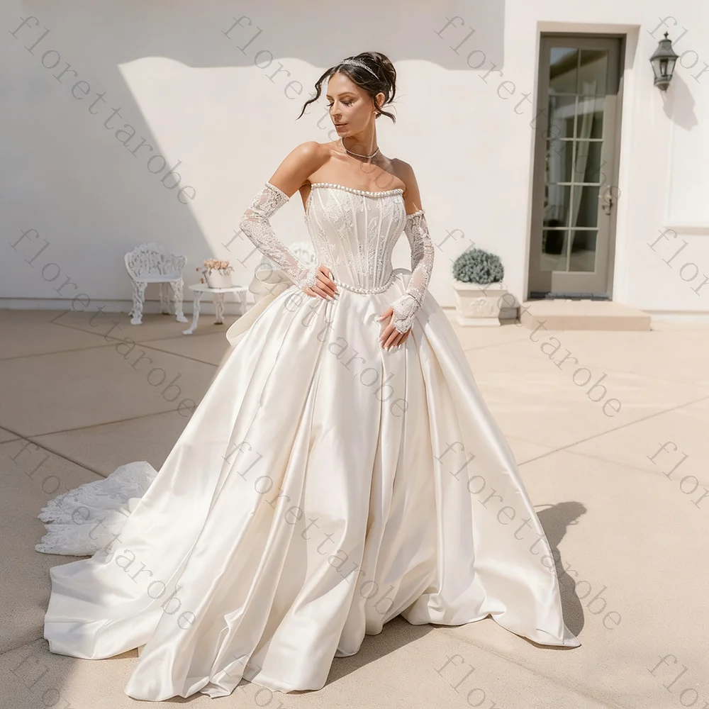 Customized Modern Boat Necklien A-Line Satin Wedding Dresses Fashion Pearl Decoration Long Sleeves Floor Length Sweep Train Gown