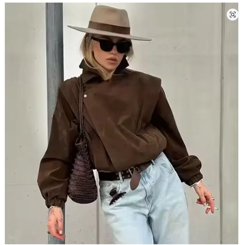 سترة فضفاضة لراكبي الدراجات النارية من جلد الغزال معطف كاجوال أنيق ملابس خارجية شتوية للنساء معطف سترة من جلد الغزال الصناعي البني #3