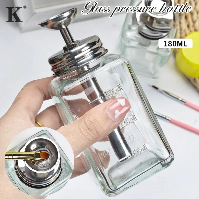 180ML Press Empty Pumping Jar Manicure Makeup Clear Nail Glass Push Down Bottles Polish Remover Dispenser Pump Bottle