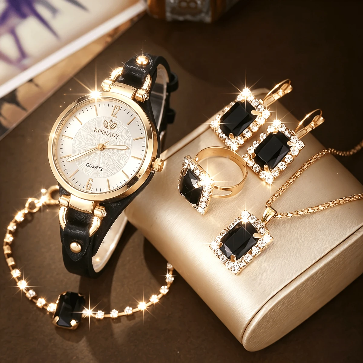 6PCS Vintage Ultra-thin Leather Strap Women Watch Diamond Jewelry Set Ladies Quartz Wristwatches Accessories Gift Reloj Mujer