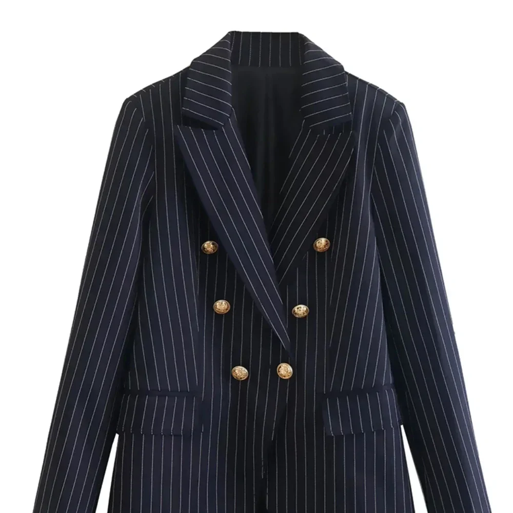 Navy Blue Striped Women Suits 2 Piece Chic Peak Lapel Double Breasted Pinstripe Outfits Business Casual Office Lady Pants Sets