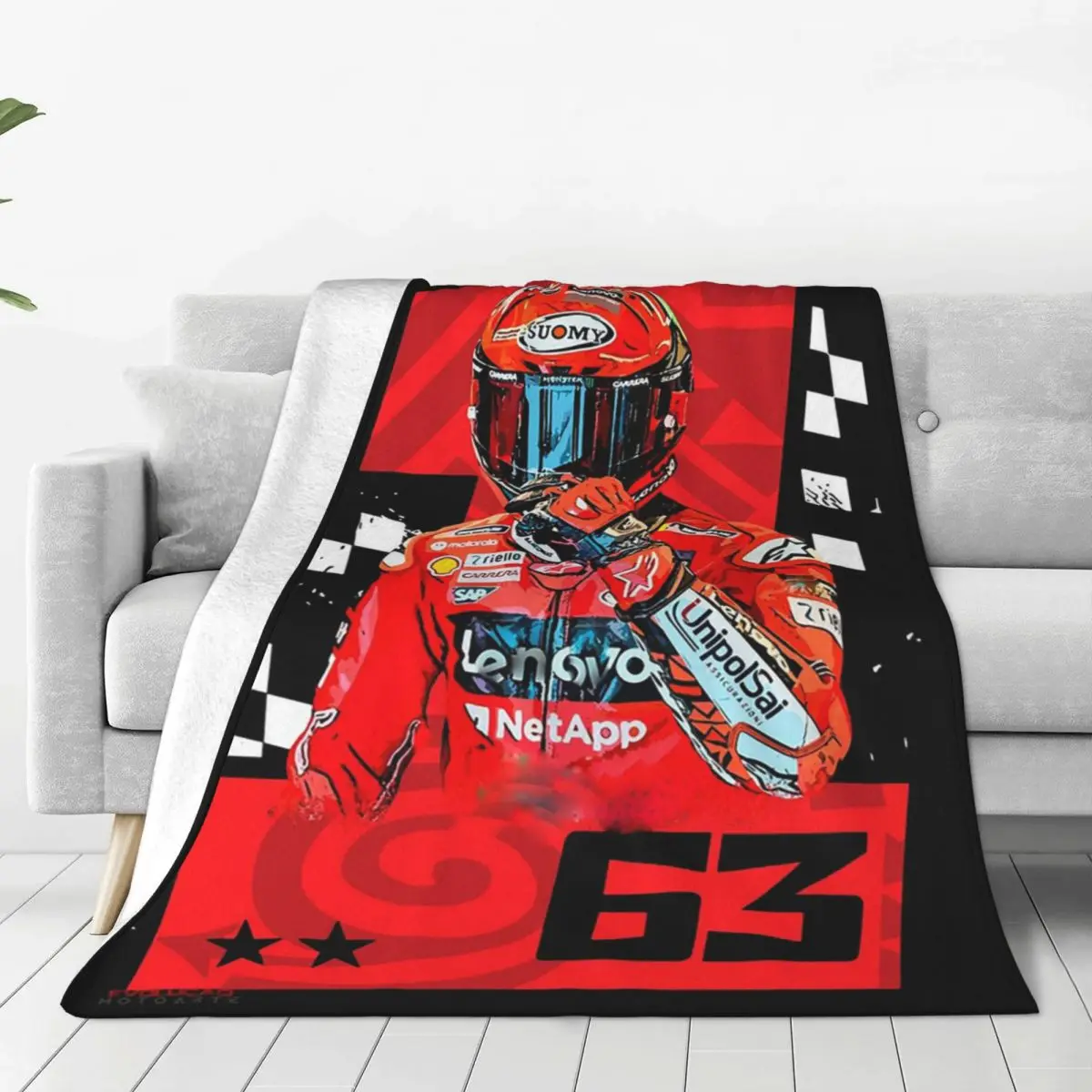 Pecco Francesco Bagnaia Number 1 GP Flag Blanket Flannel Throw Blanket Plush for Bed Living room Picnic Travel Home Couch
