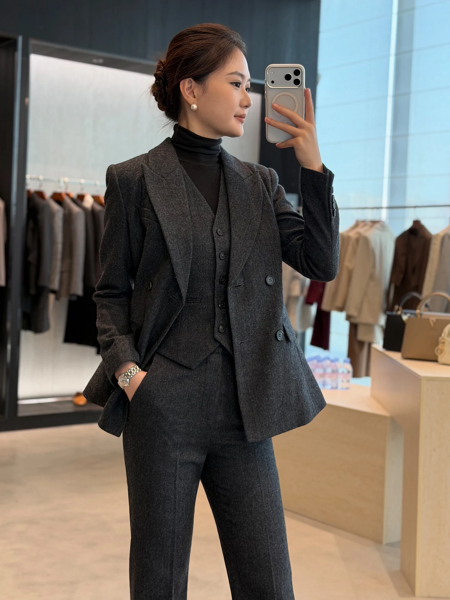 

Ele Briti Sle Women's Busin Suit Set Formal Ocn High-End Feel Light Maturi Autumn Winter Woolen Long Sve
