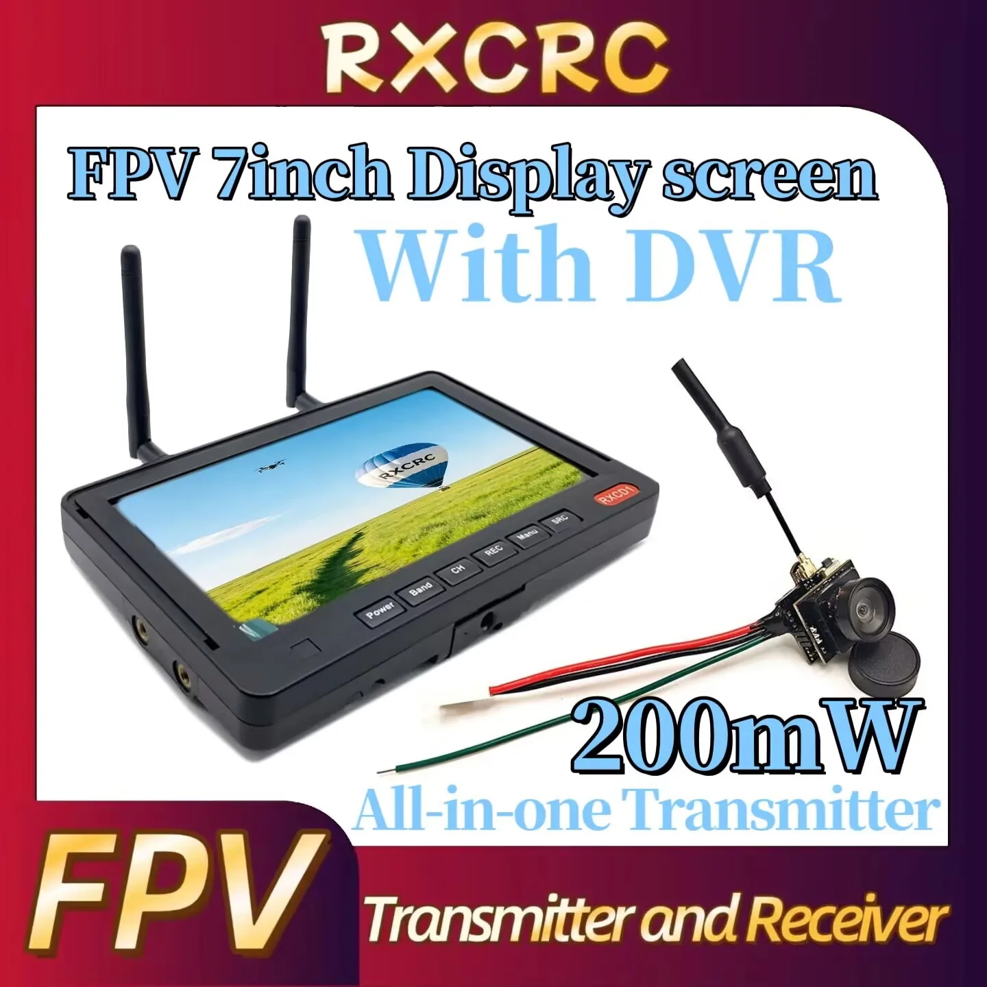 

RXCRC 5.8G Analog Video Transmission Camera All-in-One 200mW Power,WIth a FPV 7inch display screen FPV RC Model Racing Drone