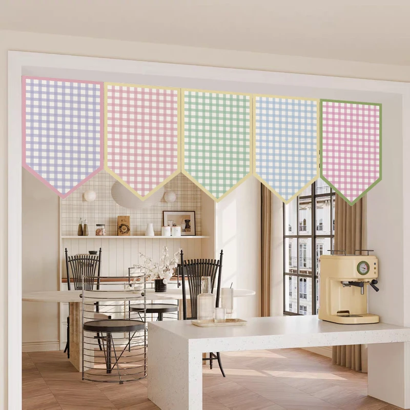 VIKAMA Korean Style Small Fresh Macaron Grid Triangular Flag Curtain Kitchen Door Wall Home Decoration