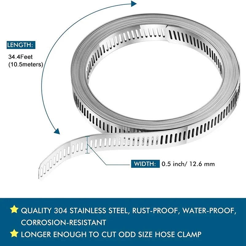 Imagem -03 - Hose Clamp Strap Worm Gear Pipe Tubo de Mangueira de Duto 12 Fasteners Worm Clamp Ajustável 344 Pés 105 m Aço Inoxidável 304