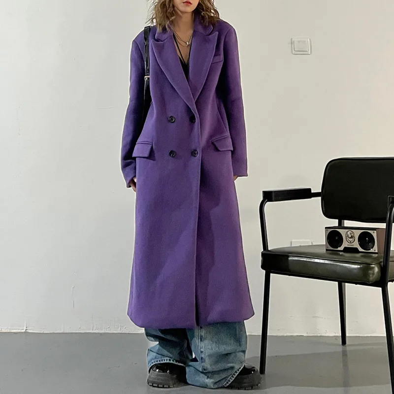 HKSH خريف شتاء جديد امرأة طويلة السترة محززة طوق مزدوجة الصدر الكتف مكتب سيدة أنيقة Ins معطف الصوف HK14937