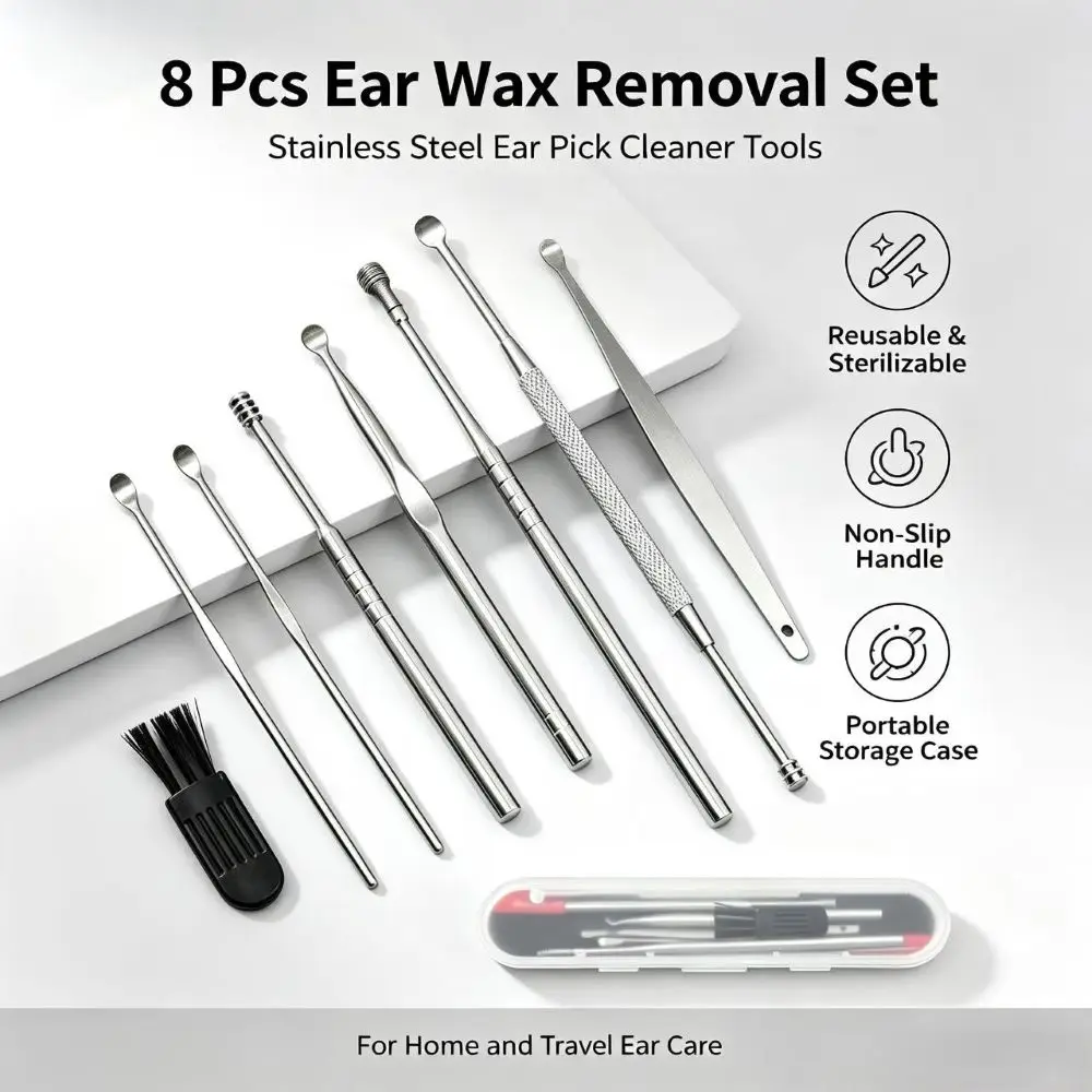 8Pcs Stainless Steel Ear Wax Removal Tool Kit Non Slip Handle Reusable Ear Pick Spiral Ear Scoop Cleaner Set with Portable Stora