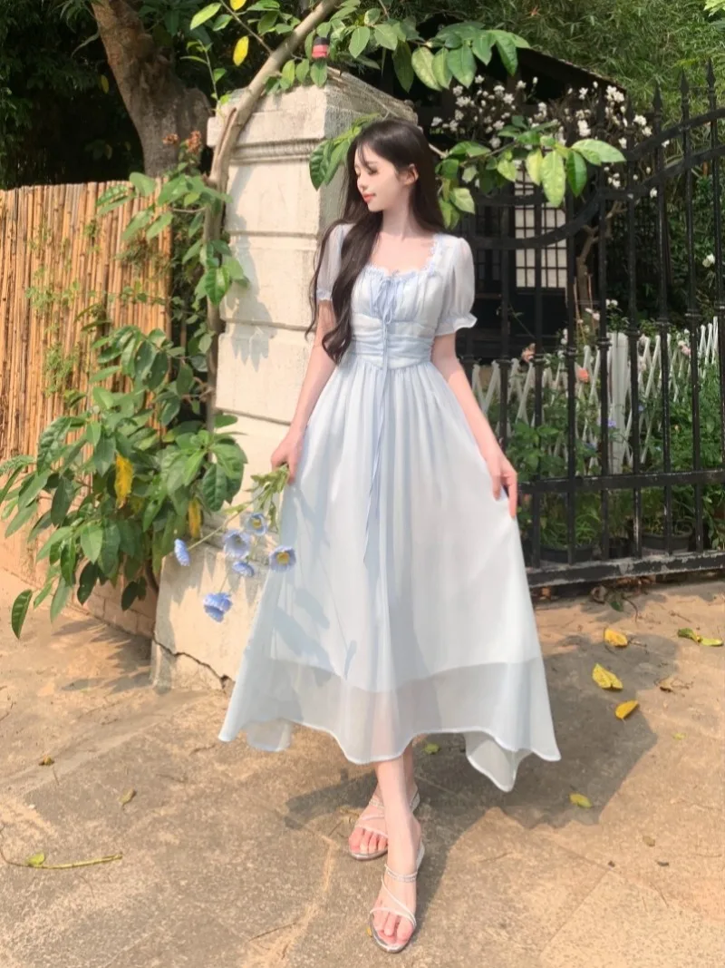 

French Fashion Square Neck Fairy Dress 2024 Women's Summer New Sweet Waist Closing Princess Sleeve Dresses Female Clothing