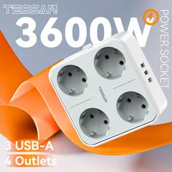 TESSAN USB Wall Socket Extender with 4 AC Outlets +3 USB Ports 5V 2.4A Adapter 7-in-1 Plug Socket On/Off Switch for Home Office