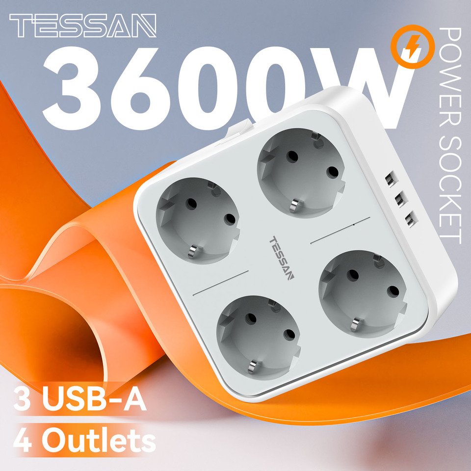  TESSAN USB Wall Socket Extender with 4 AC Outlets +3 USB Ports 5V 2.4A Adapter 7-in-1 Plug Socket On/Off Switch for Home Office 