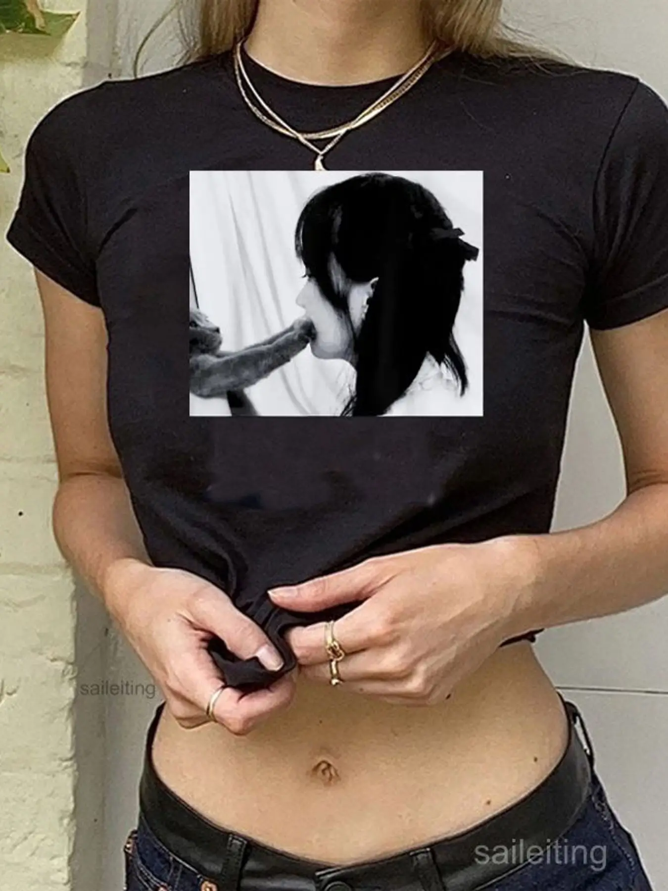 Women's White Short Sleeve Crop Top with Black and White Graphic Print of Woman Kissing Animal Paw, Casual Summer Breathable