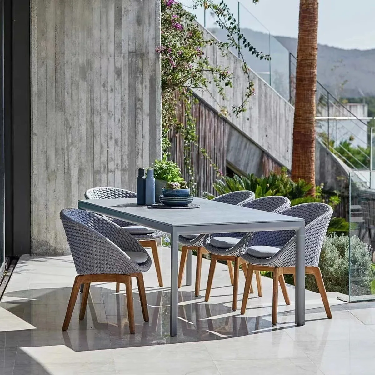 Outdoor table and chairs courtyard villa garden leisure preservative wood dining table hotel outdoor open-air rattan chair yard