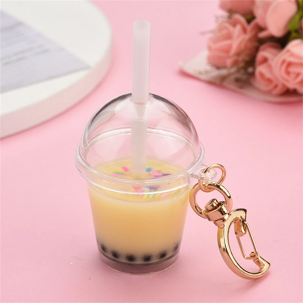 Cute Mini Bubble Tea Keychain For Women Acrylic Simulation Bubble Cup Moon Key Chains with Straw Girl Gift Decoration Pendant