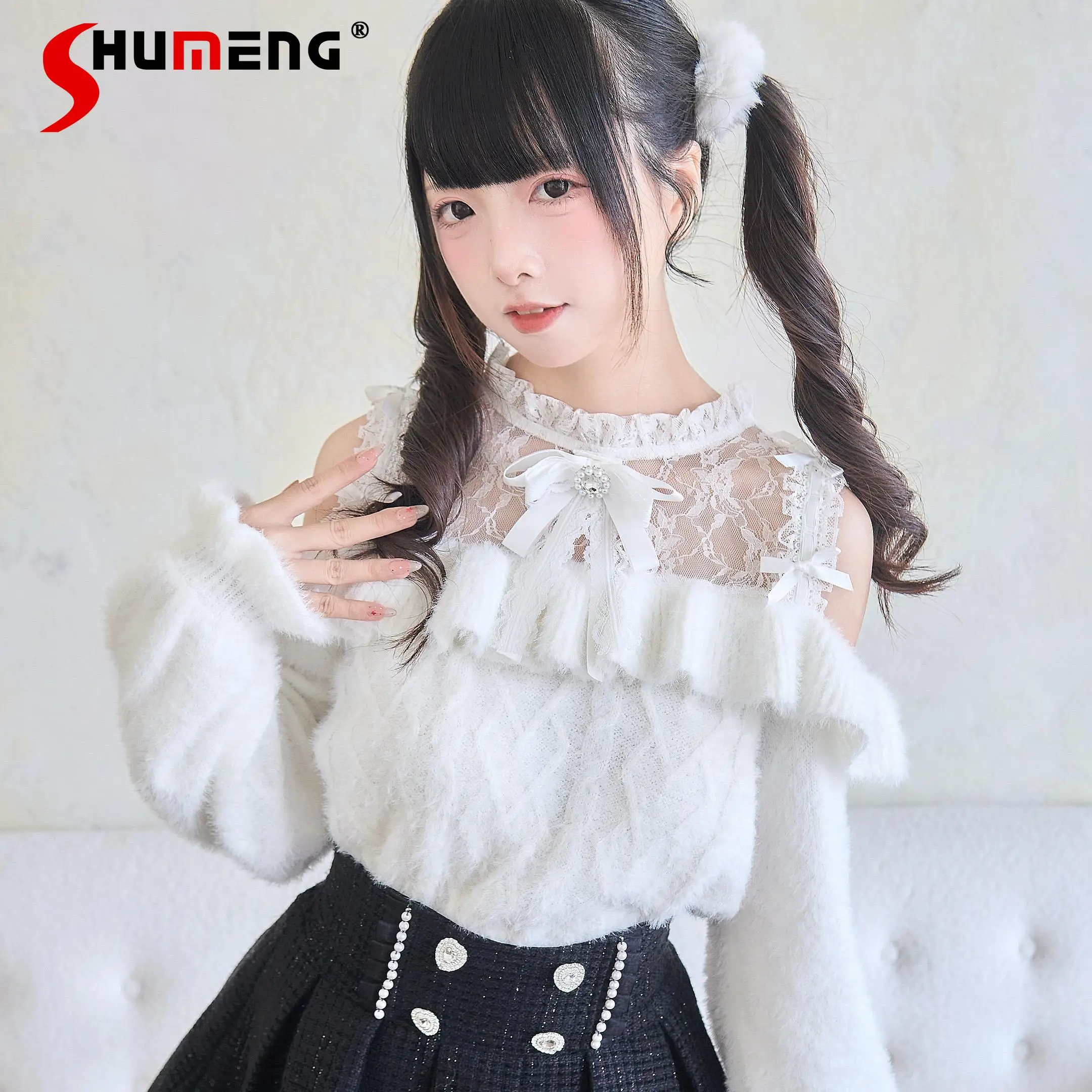 

Japanese Mine Series Mass- Produced Lolita Lace Knit Sweaters Women's Girls Sweet Cute Bow Knit Top Spring and Autumn New 2025