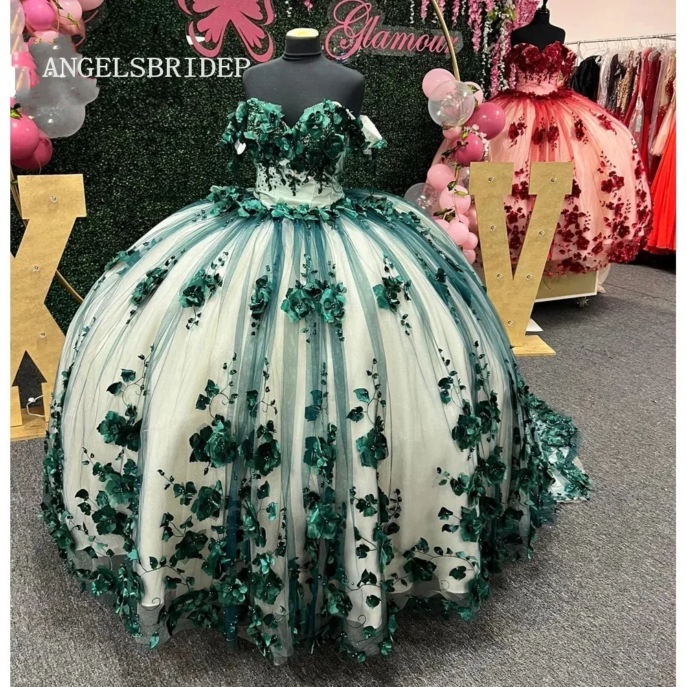 ANGELSBRIDEP 3D ดอกไม้สีเขียวเข้มชุดไปงานเต้นรำ Quinceanera ชุด Applique 15ปีสาวชุด Vestidos De 15ปี