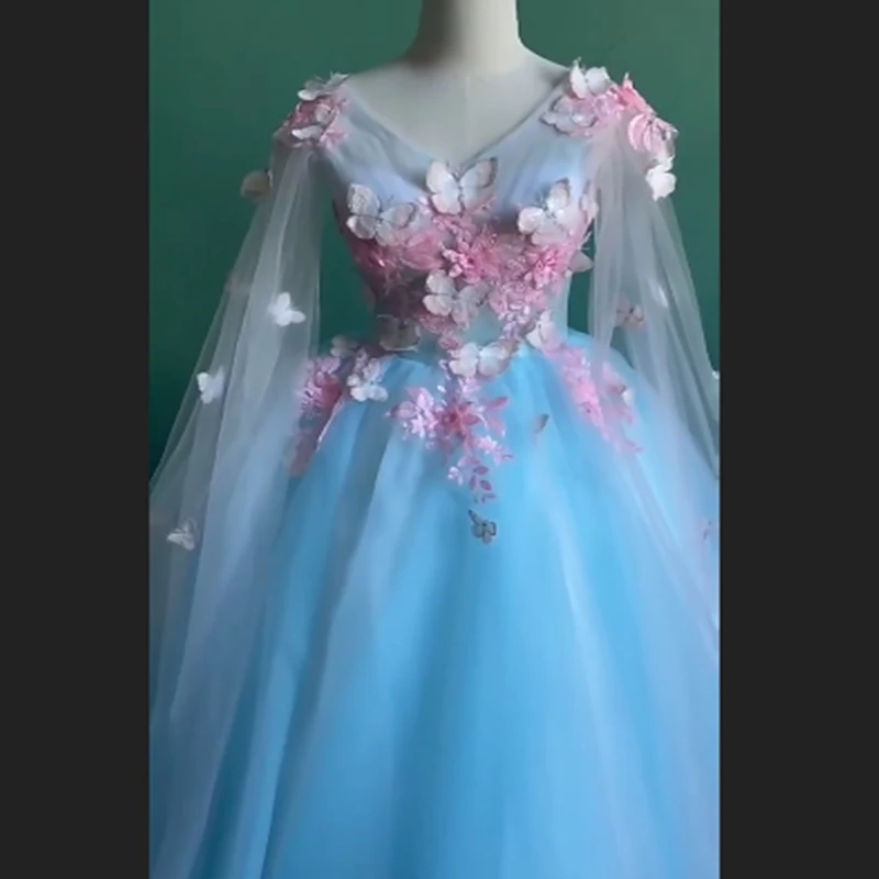 2023 Quinceanera Dresses With Cap Summer New Fairy Dress Butterfly Light Blue V Neck Ball Gown Vestidos De 15 AnosCustomized