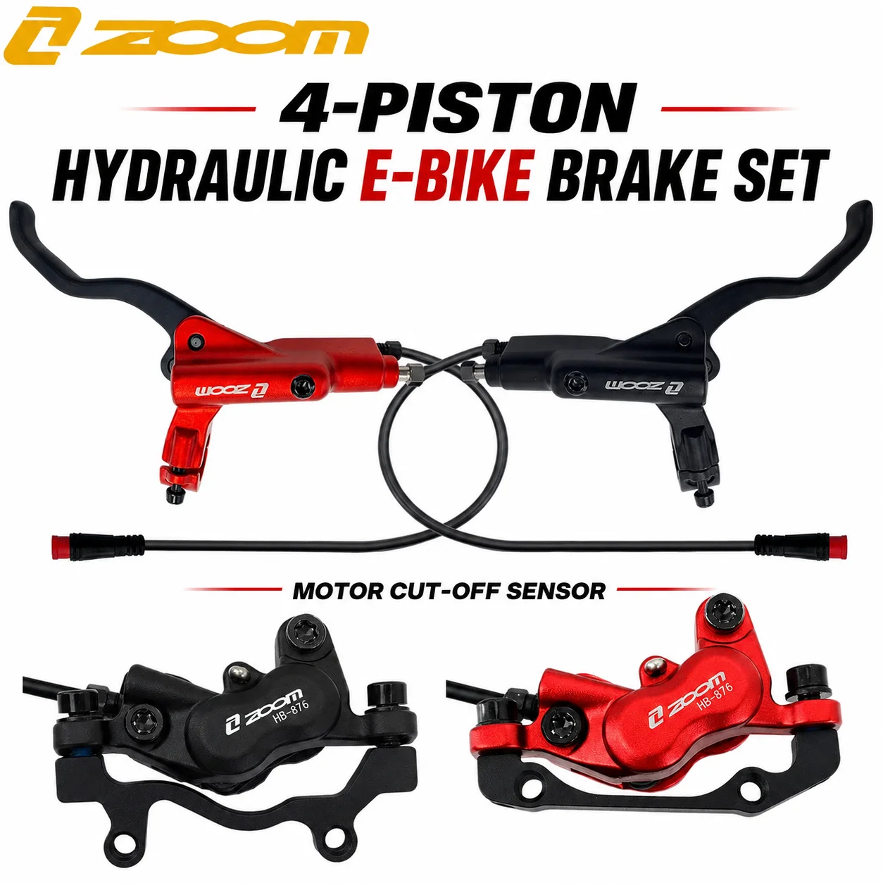 ZOOM HB-876E 4-Piston Hydraulic Disc Brake Set Front Rear 950/1850/2300mm Power Cut-Off for Electric Bicycle E-Bike