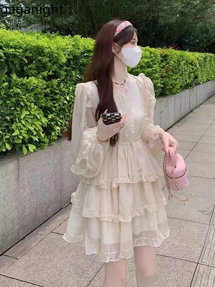 

Gaganight Elegant Dresses Women Sweet Long Sleeve V Neck Ruffles Spring New Fashion Temperament Sweet Mini Dress Female