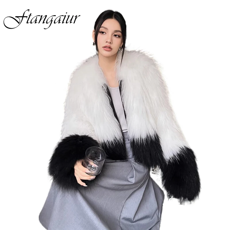 

Ftangaiur Winter Import Raccoon Fur Coat Weave Thick Female Coats Women O-Neck Short Patchwork Natural Losse Raccoon Fur Coats