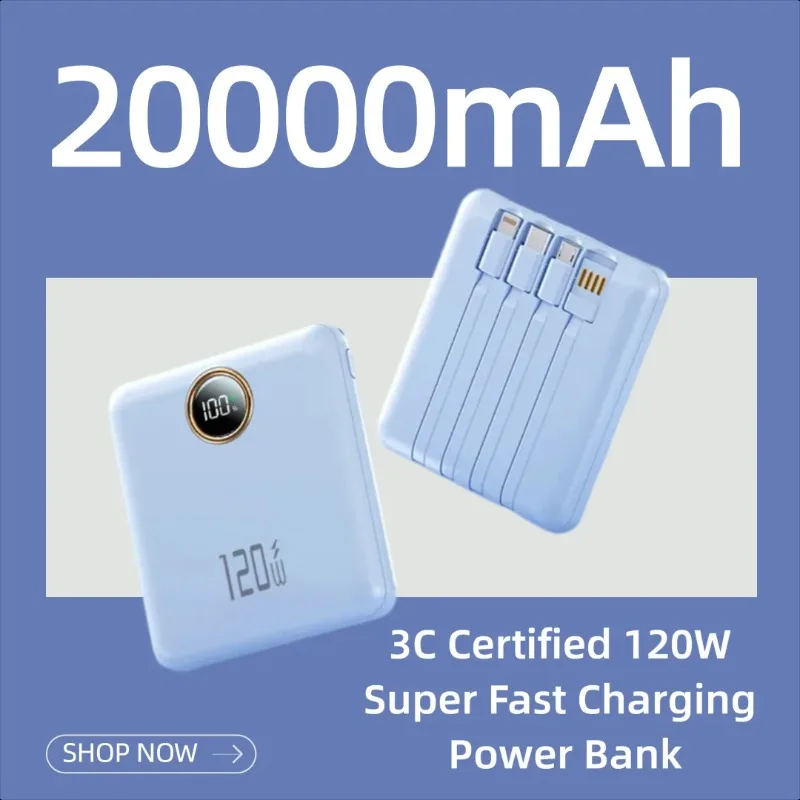 

3C Certified 120W Super Fast Charging Power Bank 20000mAh with Four Built-in Cables Compact and Portable Portable Charger