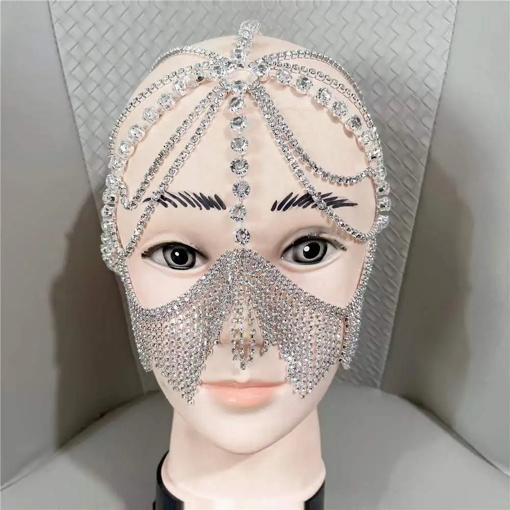 Women's Rhinestone Tassel Masquerade Veil Mask Sexy Costume Jewelry Headwear for Dance Parties Face Accessory  cosplay