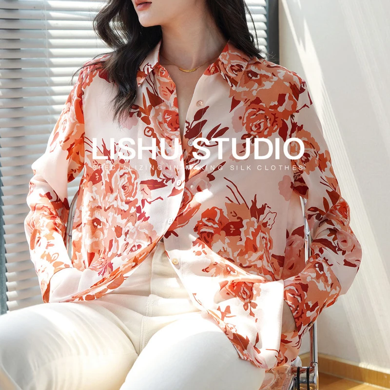 Women Korean Fashion Floral Print Minimalist Shirts Elegant Chic Lapel Commute Blouses Casual Long Sleeve Loose Tunic Tops Blusa