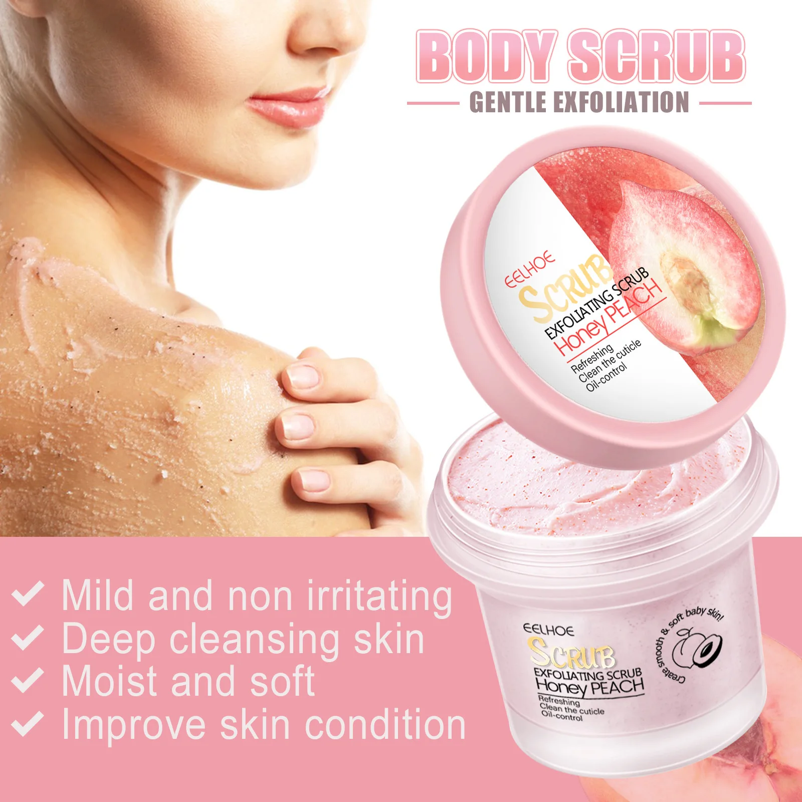 EELHOE Juicy Peach Body Scrub, fine‑textured, moisturizing, nourishing, gently cleansing and softening the skin