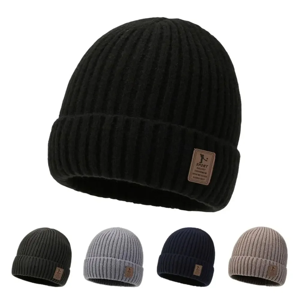 Men Soft Windproof Knitted Hat Fleece-Lined Wool Hats Solid Color Plush Ear Protection Warm Thick Outdoor Winter Hat