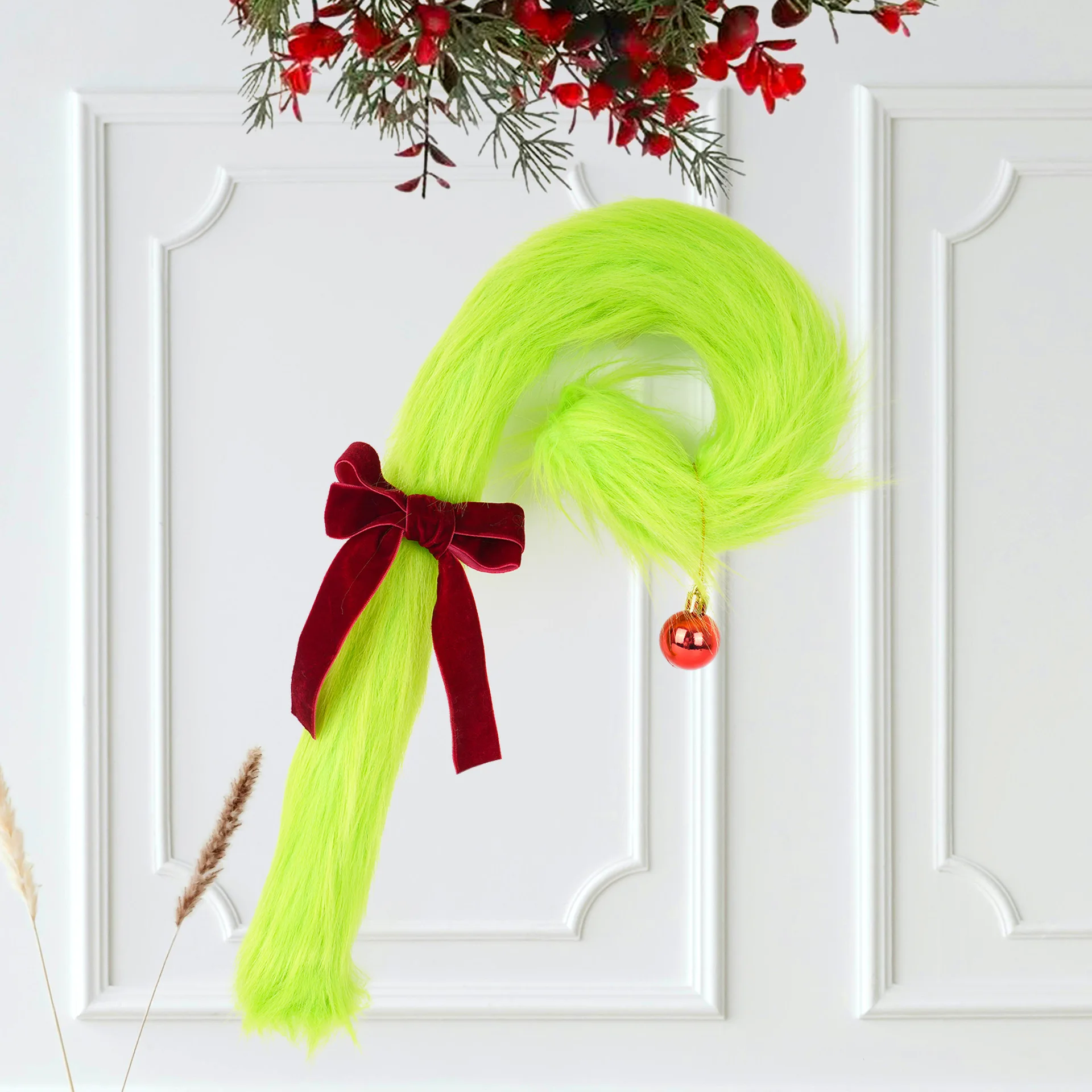 Christmas Decorative Festive Green Fuzzy Wands with Red green Bow&Jingle Bell Christmas Tree Ornaments, Party Props Gift