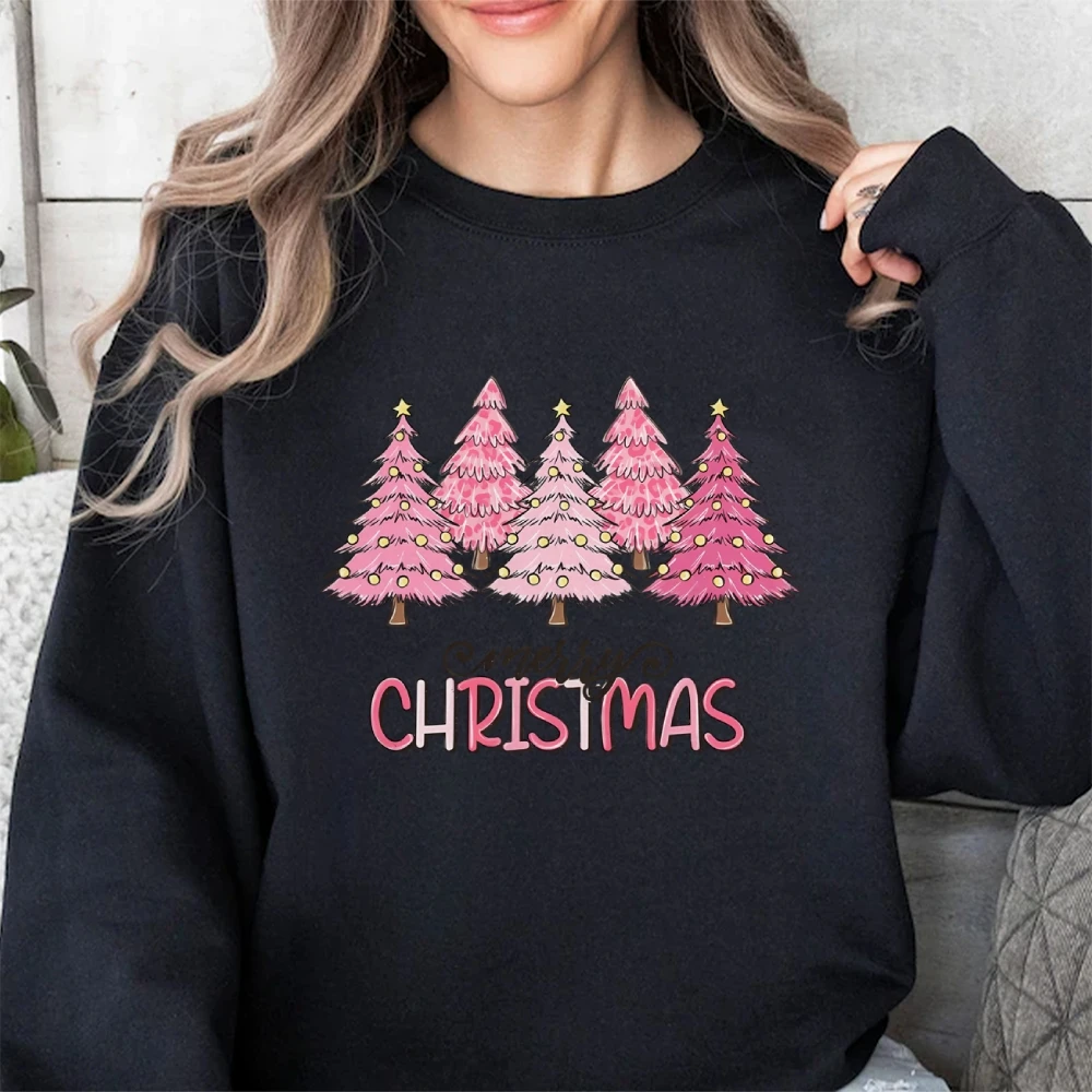 Pink Tree Christmas Sweater, Christmas Tree Crewneck Sweatshirt, Holiday Sweaters for Women, Winter Stylish Long Sleeve Shirt