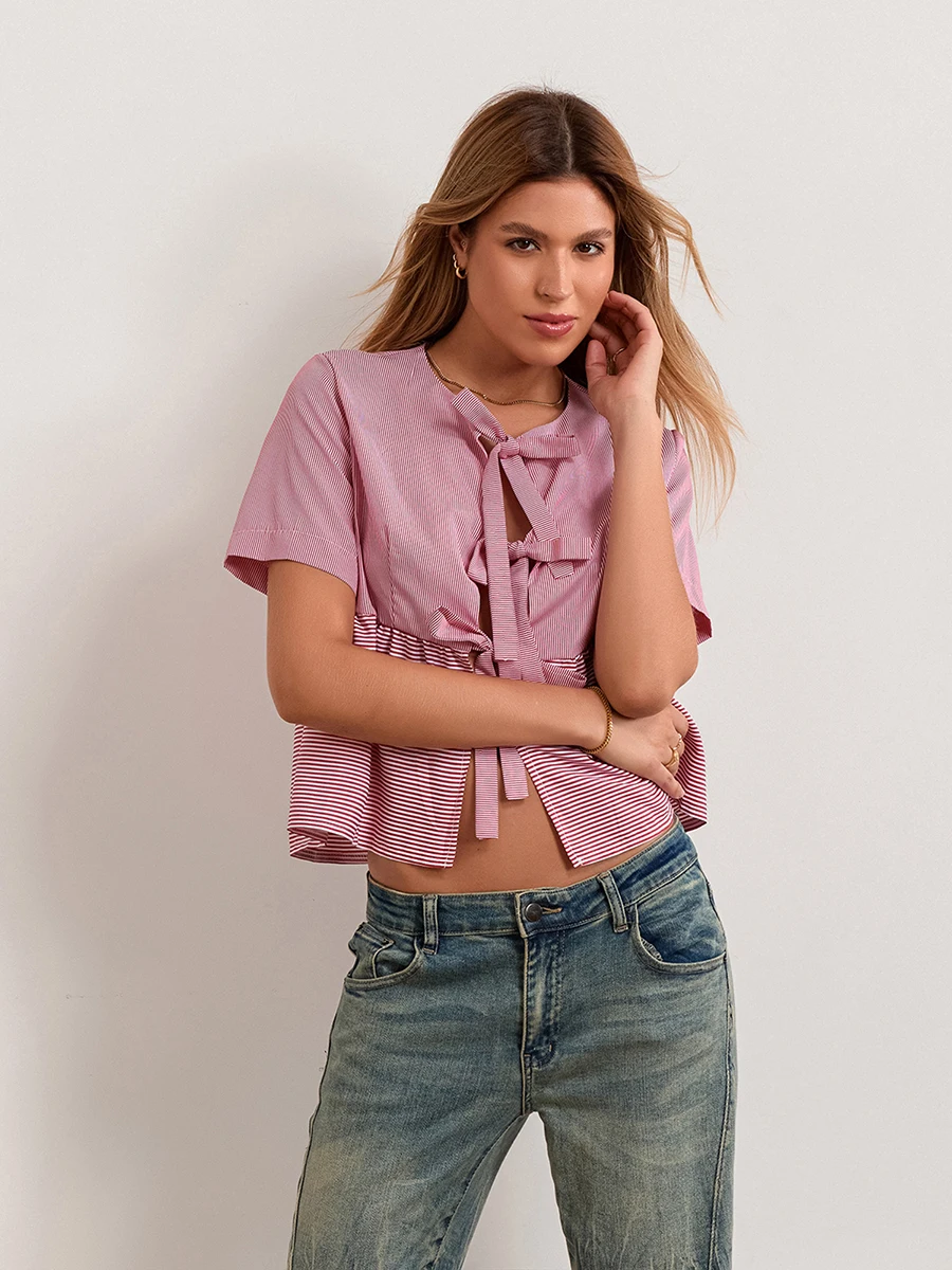 Camicia da donna con stampa a righe girocollo manica corta chiusura con papillon top Flowy sciolti