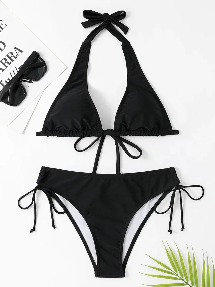 2024 bademode Frauen Sexy Halter Solide Bikini Set Kordel Spitze Up Badeanzug Fliege Biquinis Zwei-stück Badeanzug Sommer