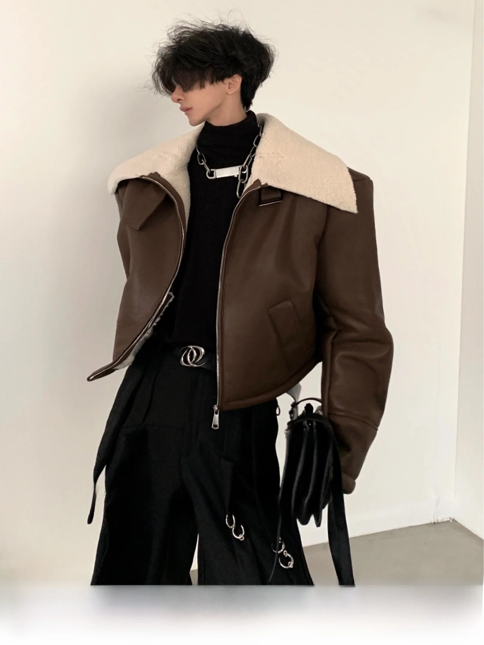Autumn Mountain Wind Original Brown Leather Jacket Men's Winter Short Fur Leather Integrated Motorcycle Jacket Vintage Style