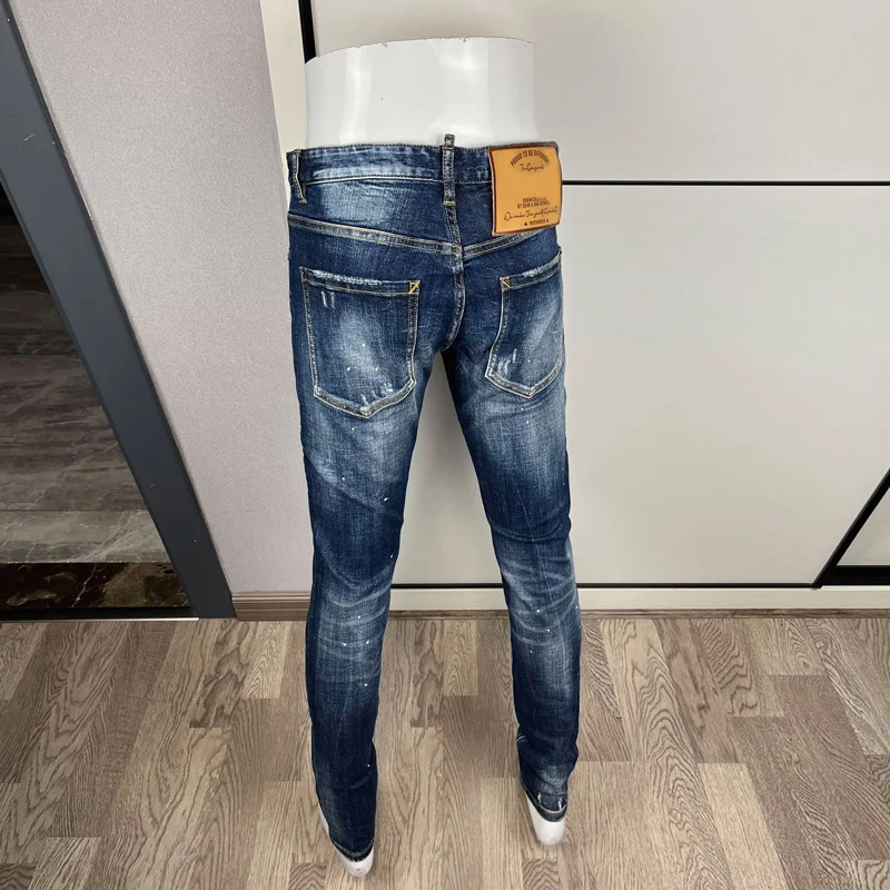 High Quality Men's Y2K Fashion Washed Nostalgic Stretch Slim Fit Blue Jeans High Street Hip Hop Brand Pants