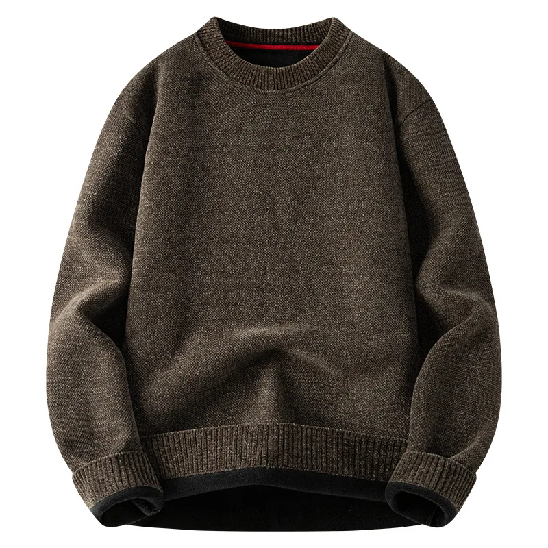 Autumn Winter Fleece Thicken Men's Sweater Solid Color O-neck Business Simple Casual Pullover Loose Cozy Warm Youth Male Tops