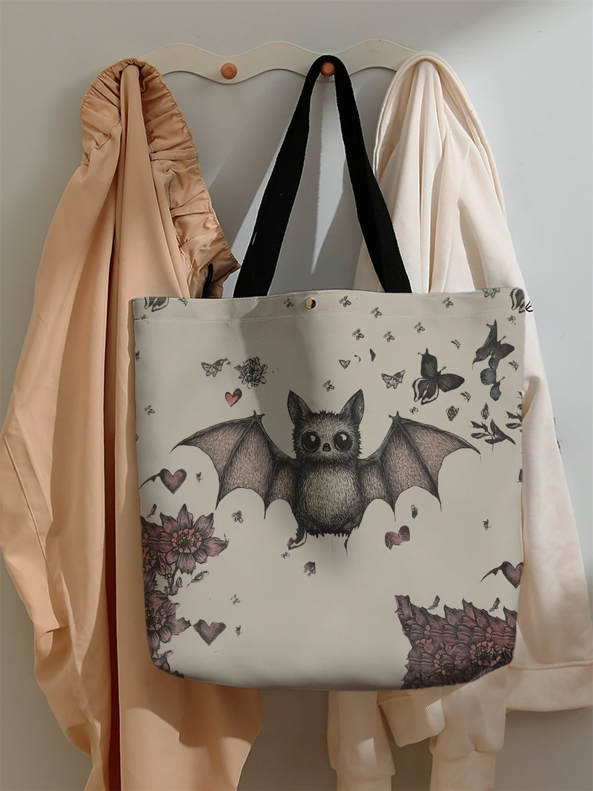 1 Stück, Handtasche mit Cartoon-Fledermaus-Muster, wiederverwendbare modische Handtasche, multifunktionale Handtasche, bedruckte Einkaufstasche aus Segeltuch