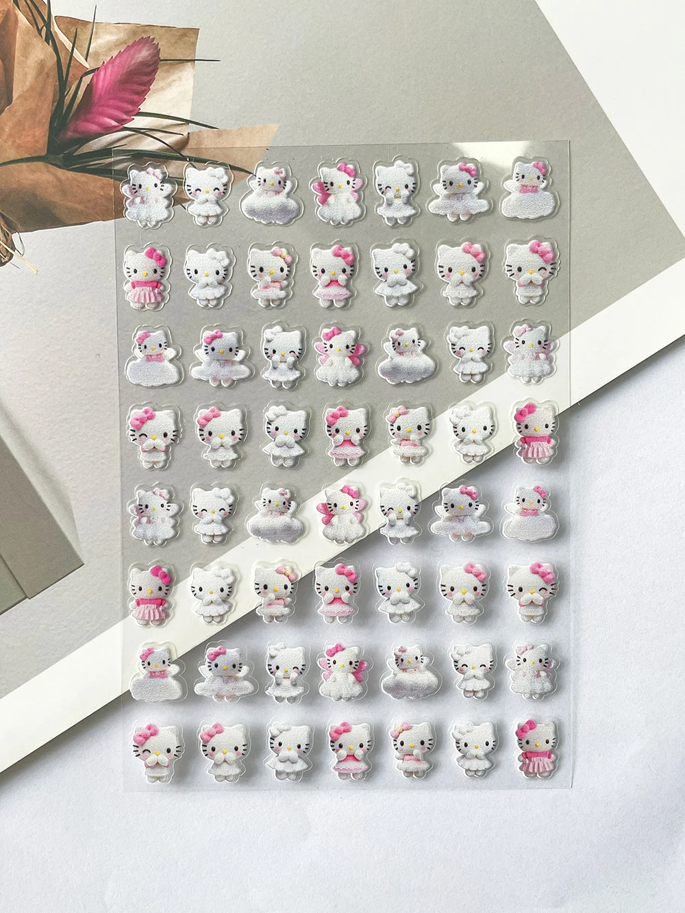 Diy Sanrios สีชมพูโรแมนติกฮาวาย Hello Kitty เล็บสติกเกอร์เล็บหวานน่ารัก Y2K โน้ตบุ๊คเครื่องเขียนสติกเกอร์ตกแต่งของขวัญ