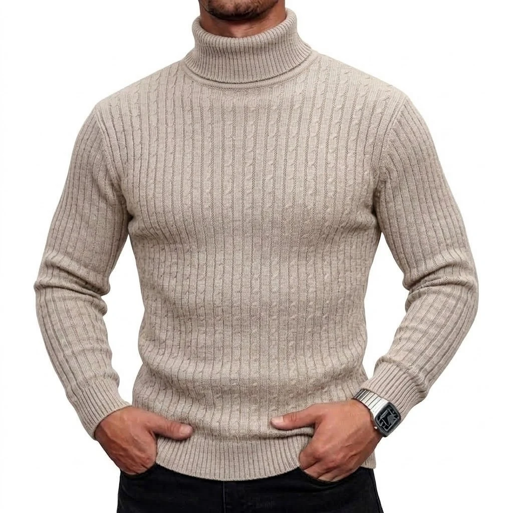 Neuer Herren-Rollkragenpullover, lässiger Zopfstrickpullover, hoher Kragen, lange Ärmel, warme Winterpullover für Männer, schmal geschnittene Oberteile. – Detail 5